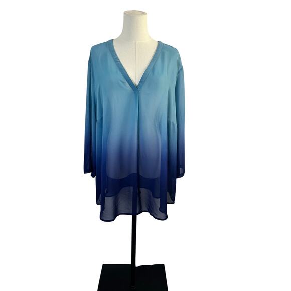 Liz Claiborne Blouse Blue Ombre size 3X  V Neck Buttons Sheer Top/cover up - Picture 3 of 11